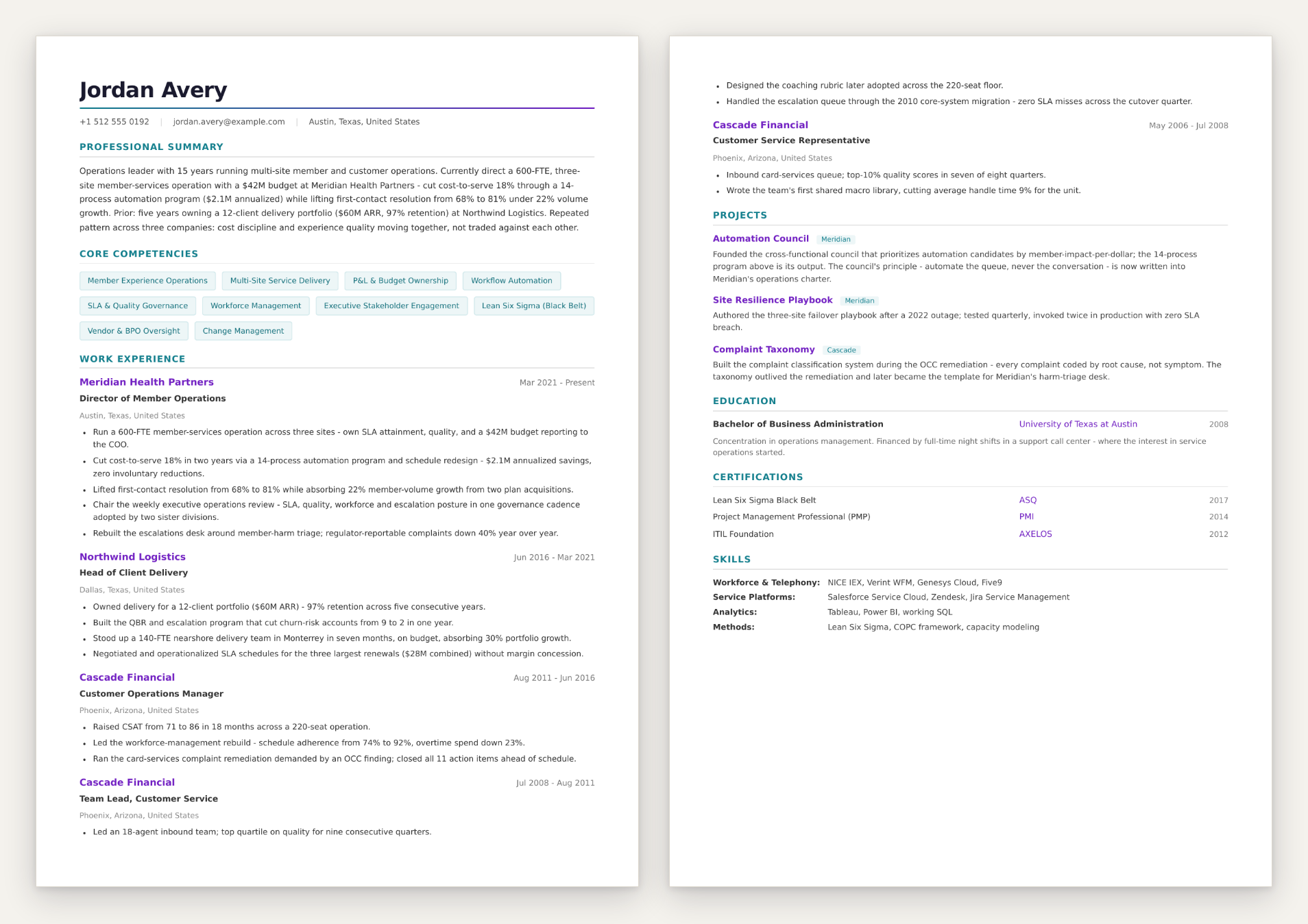 Both pages of the tailored CV for the demo candidate, built for one specific VP role