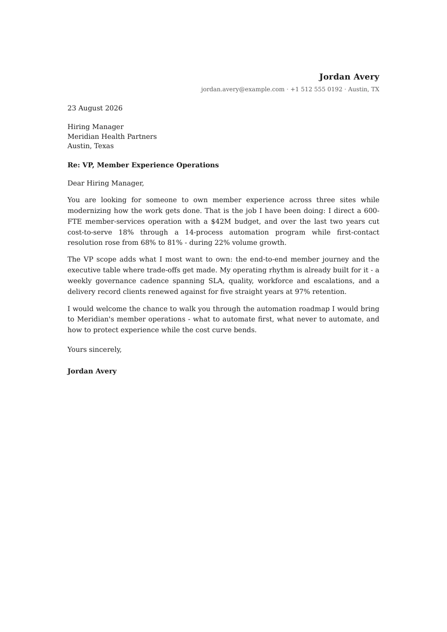 Cover letter generated for the same role