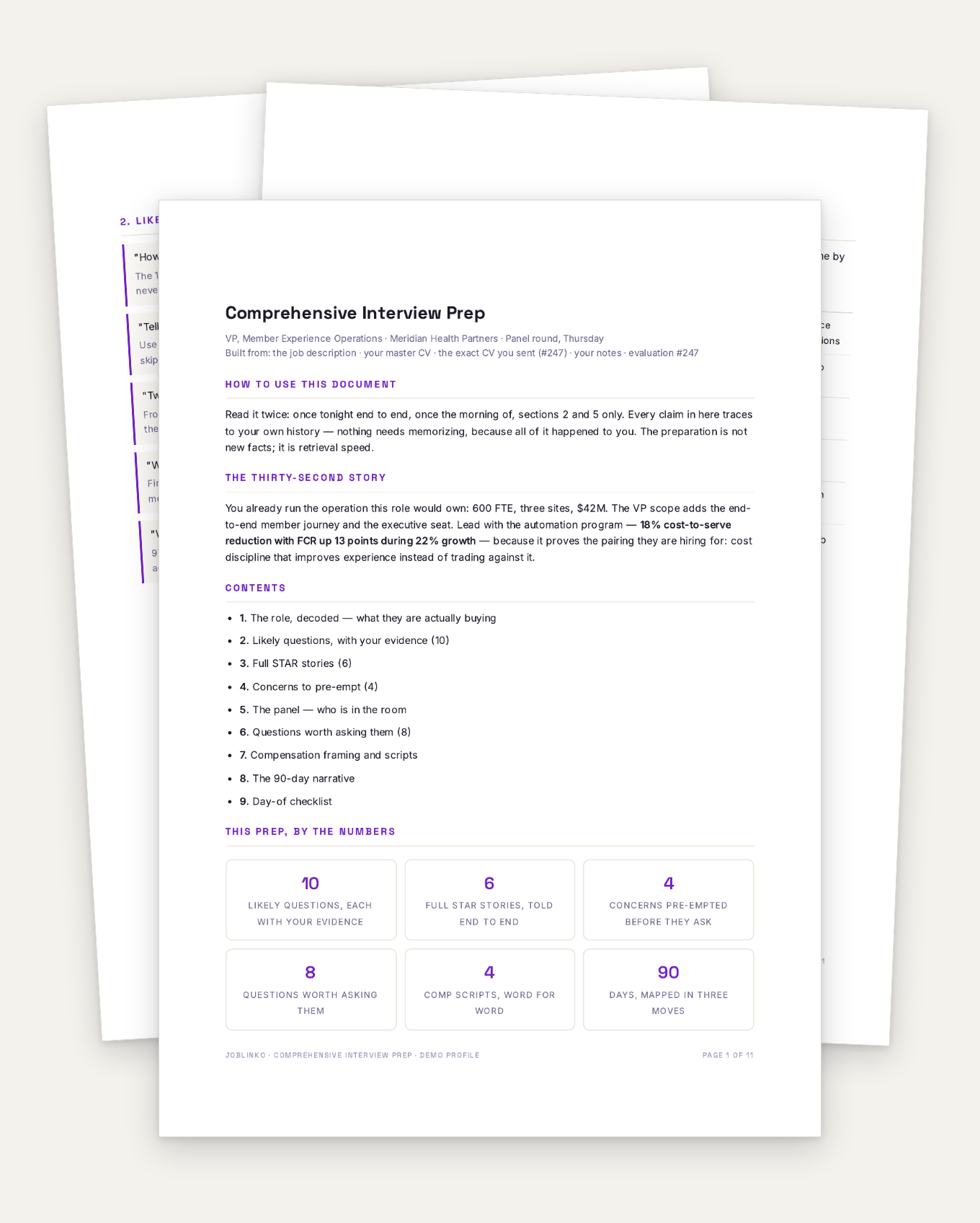 The comprehensive interview prep — an 11-page document, first pages fanned out